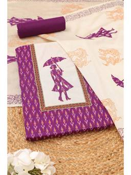 Soch - Womens Purple Cotton Ikat Printed Dress Material with Applique Work