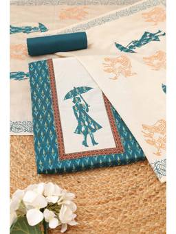 Soch - Womens Teal Cotton Ikat Printed Dress Material with Applique Work
