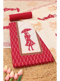 Soch - Womens Magenta Cotton Ikat Printed Dress Material with Applique Work