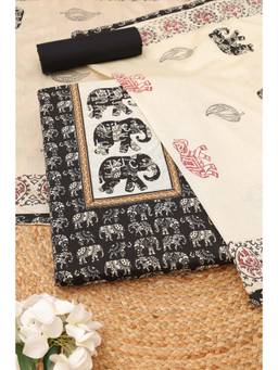 Soch - Womens Black Cotton Warli Printed Dress Material with Applique Work