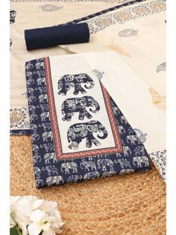 Soch - Womens Navy Blue Cotton Warli Printed Dress Material with Applique Work