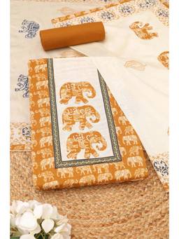 Soch - Womens Mustard Cotton Warli Printed Dress Material with Applique Work