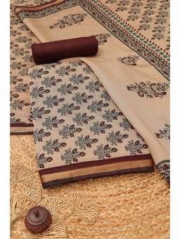 Soch - Womens Beige Maheshwari Silk Botanical Printed Dress Material