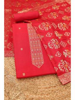 Soch - Womens Red Russian Silk Zari Woven Dress Material with Zardosi Embroidery
