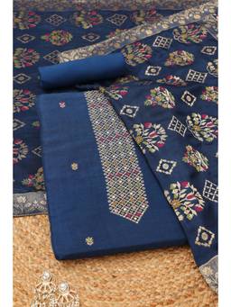 Soch - Womens Navy Blue Russian Silk Dress Material with Mirror Work