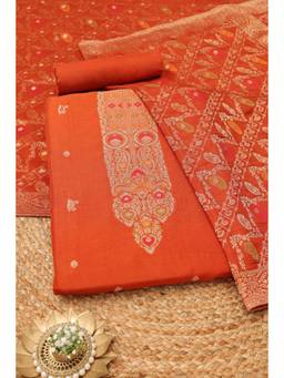 Soch - Womens Orange Russian Silk Dress Material with Zari Woven Work
