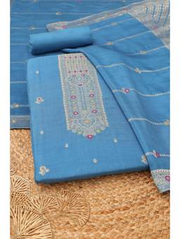 Soch - Womens Blue Russian Silk Dress Material with Zari Work