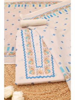 Soch - Womens Cream Linen Floral Dress Material with Hand Embroidery and Beads