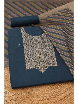 Soch - Womens Navy Blue Russian Silk Embroidered Dress Material with Zari Work