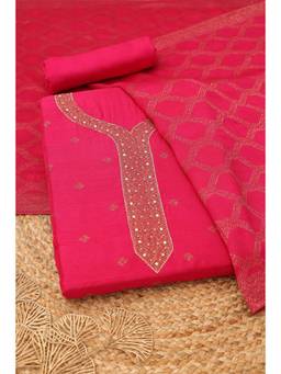 Soch - Womens Fuchsia Raw Silk Zari Dress Material with Mirror Work