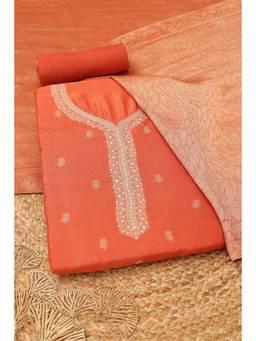 Soch - Womens Orange Russian Silk Zari Dress Material with Mirror Work
