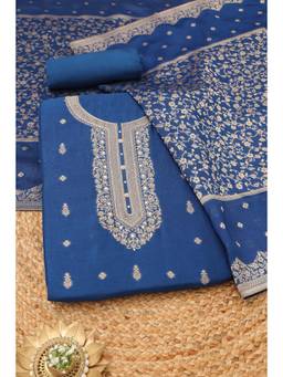 Soch - Womens Navy Blue Russian Silk Zari Woven Dress Material