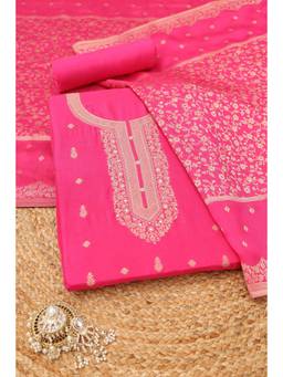 Soch - Womens Fuchsia Russian Silk Zari Dress Material with Zardosi Embroidery and Mirror Work