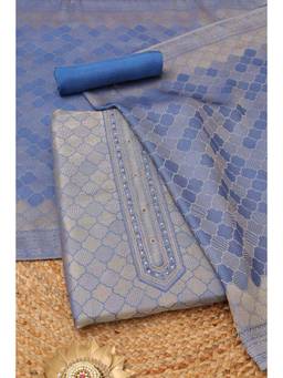 Soch - Womens Blue Giraffe Silk Geometric Zari Woven Dress Material