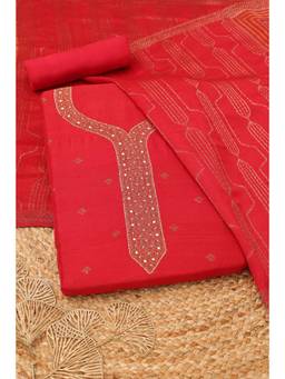 Soch - Womens Red Raw Silk Zari Woven Dress Material with Zardosi Embroidery