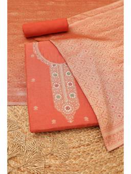 Soch - Womens Orange Russian Silk Zari Woven Dress Material