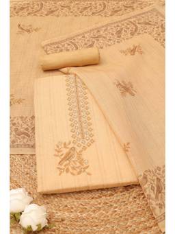 Soch - Womens Beige Linen Shimmer Bird Motifs Kantha Embroidered Dress Material