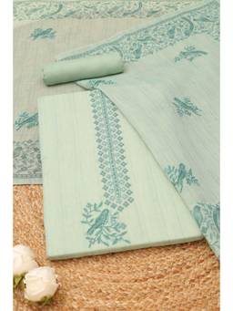 Soch - Womens Powder Green Linen Shimmer Bird Motifs Kantha Embroidered Dress Material
