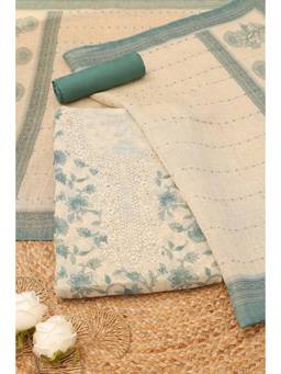 Soch - Womens Powder Blue Linen Shimmer Floral Kantha Embroidered Dress Material
