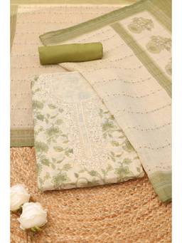 Soch - Womens Green Linen Shimmer Floral Kantha Embroidered Dress Material