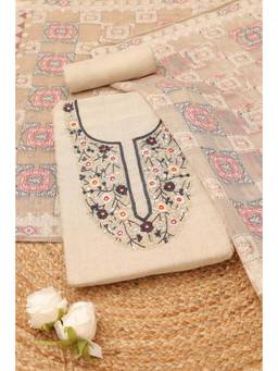 Soch - Womens Beige Chanderi Floral Kantha Embroidered Dress Material