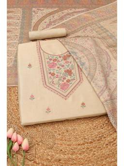 Soch - Womens Cream Giraffe Silk Floral Dress Material with Zari Work