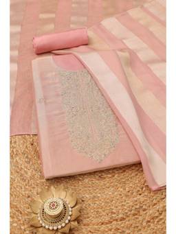 Soch - Womens Peach Giraffe Silk Botanical Zari Embroidered Dress Material