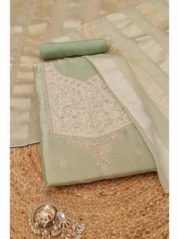 Soch - Womens Light Green Giraffe Silk Botanical Zari Embroidered Dress Material