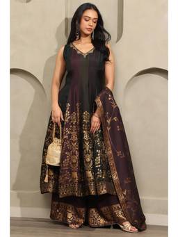 Soch - Womens Brown Viscose Blend Botanical Anarkali Kurta and Palazzo with Dupatta