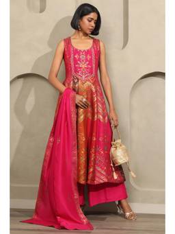 Soch - Womens Pink Jacquard Woven Design Anarkali Kurta and Palazzo with Dupatta