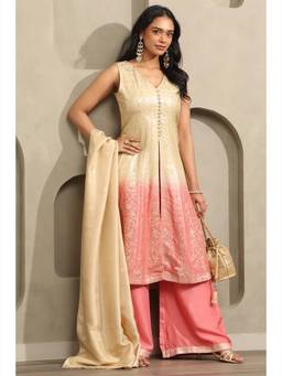 Soch - Womens Multicolour Viscose Blend Jacquard Ombre Anarkali Suit Set with Mirror and Stone