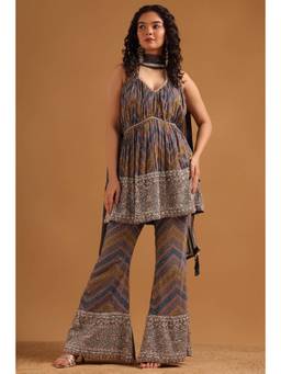 Soch - Womens Multicolour Chinon Chevron Printed Kurta and Palazzo with Dupatta