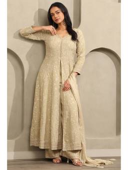 Soch - Womens Beige Tissue Floral Zari Embroidered Kurta and Palazzo with Dupatta