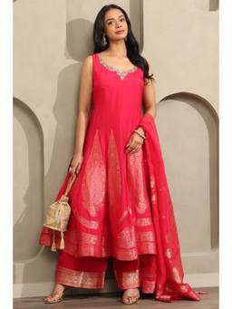 Soch - Womens Fuchsia Viscose Rayon Brocade Anarkali Kurta and Palazzo with Dupatta