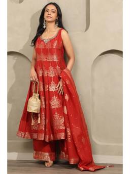 Soch - Womens Rust Viscose Blend Zari Anarkali Kurta and Palazzo with Dupatta