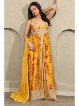 Soch - Womens Mustard Chinon Botanical Printed Kurta and Palazzo with Dupatta