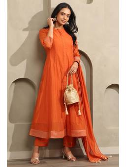 Soch - Womens Rust Mul Chanderi Solid Anarkali Kurta and Pant with Dupatta
