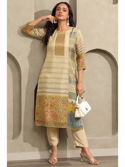 Soch - Womens Beige Tissue Botanical Printed Kurta and Pant with Beads