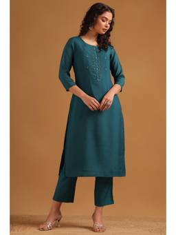 Soch - Womens Teal Chanderi Hand Embroidered Kurta and Pant with Beads and Stones
