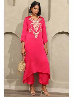 Soch - Womens Fuchsia Satin Ethnic Motifs Zari Embroidered Kurta and Pant