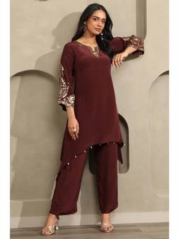 Soch - Womens Brown Crepe Embellished Co-Ord Set with Sequins