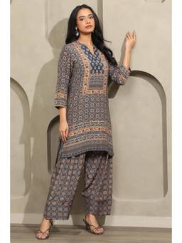 Soch - Womens Blue Muslin Ethnic Motifs Printed Kurta and Pant with Mirror Work
