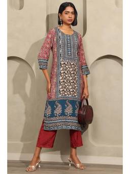 Soch - Womens Multicolour Muslin Ethnic Motifs Printed Kurta and Pant with Mirror Work