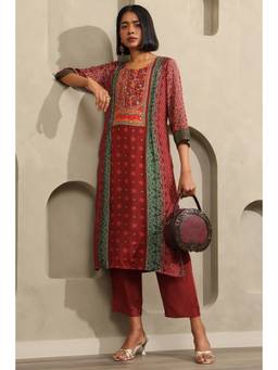 Soch - Womens Deep Red Muslin Ethnic Motifs Printed Kurta and Pant with Mirror Work