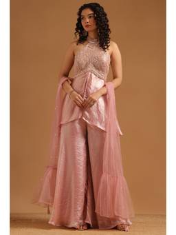 Soch - Womens Pink Fendi Beads and Stone Embellished Top and Palazzo with Dupatta
