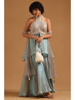 Soch - Womens Turquoise Blue Fendi Beads and Stone Embellished Top and Palazzo with Dupatta