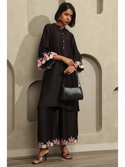 Soch - Womens Black Satin Solid Co-Ord Set with Thread Work