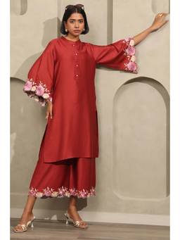 Soch - Womens Deep Red Satin Solid Co-Ord Set with Thread Work