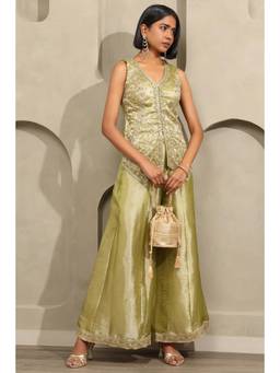 Soch - Womens Sap Green Tissue Floral Embellished Co-Ord Set with Beads and Stones