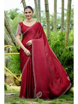 Nyri - Womens Satin Embellished Party Wear Saree with Unstitched Blouse - Maroon
